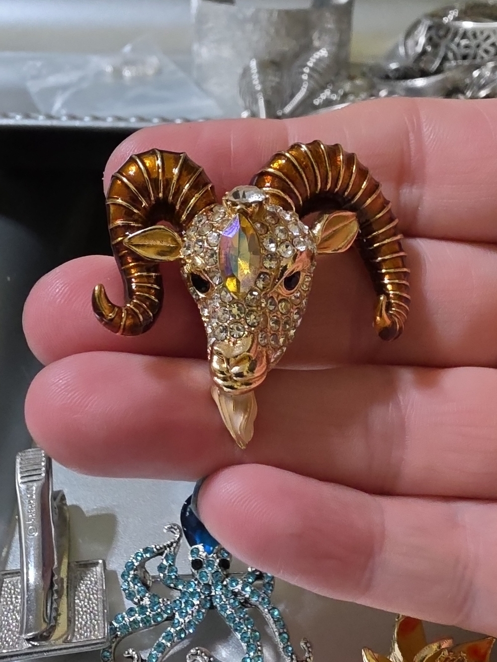 A58- Crystal Ram Head Brooch in Gold and Brown